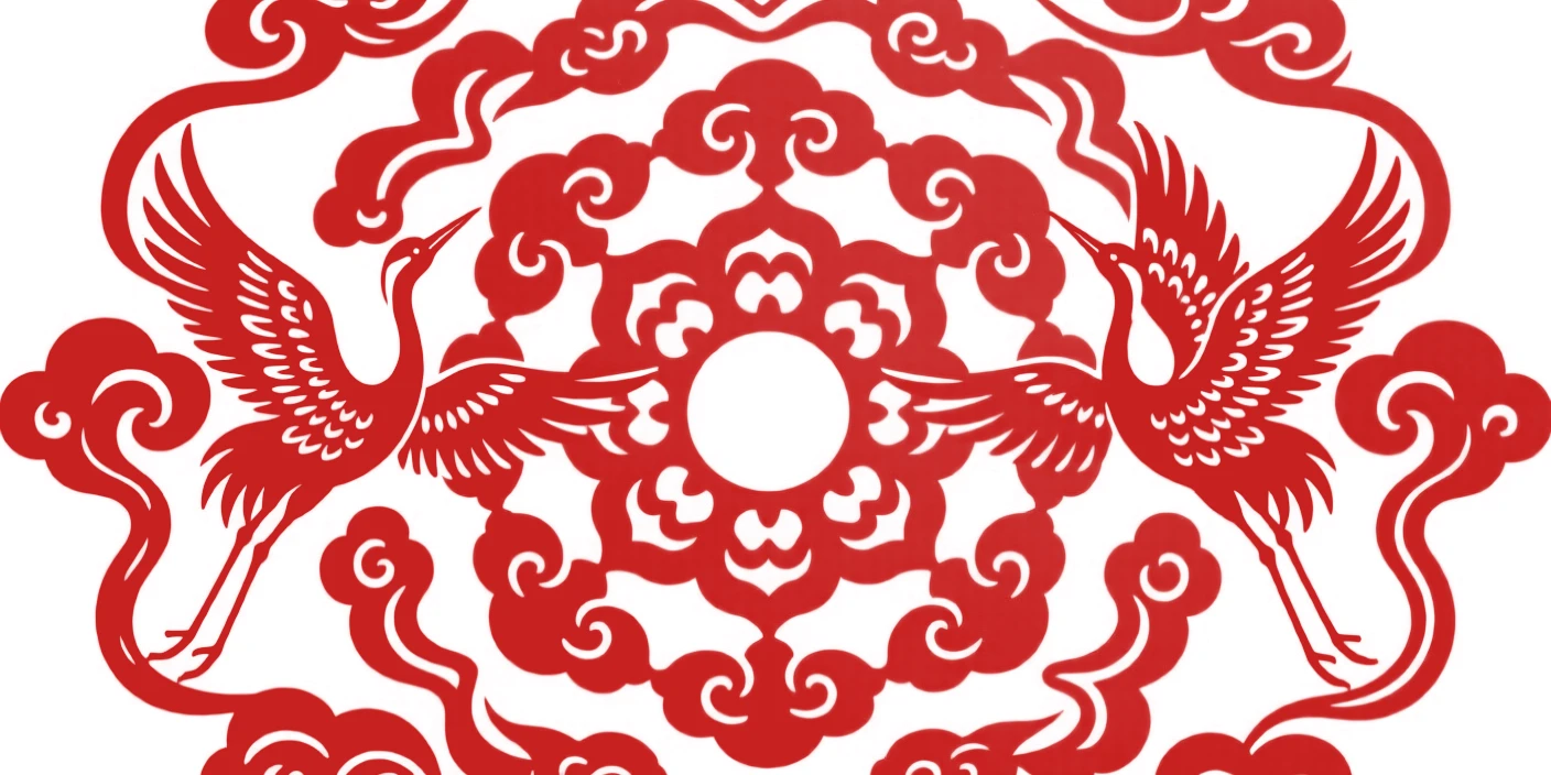 A symmetrical mandala of cranes and clouds arranged in a perfect radial pattern