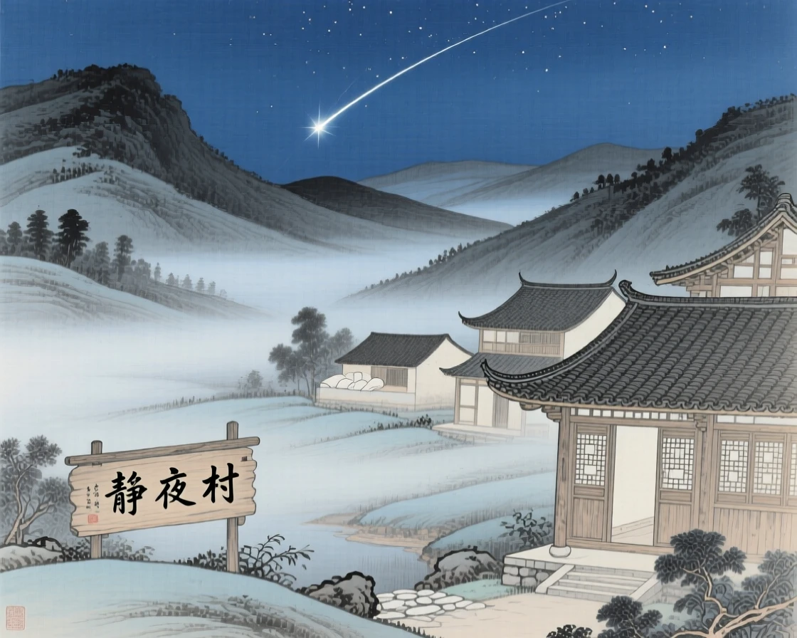 A shooting star streaking above a sleeping village, with soft mist drifting across the valley floor
