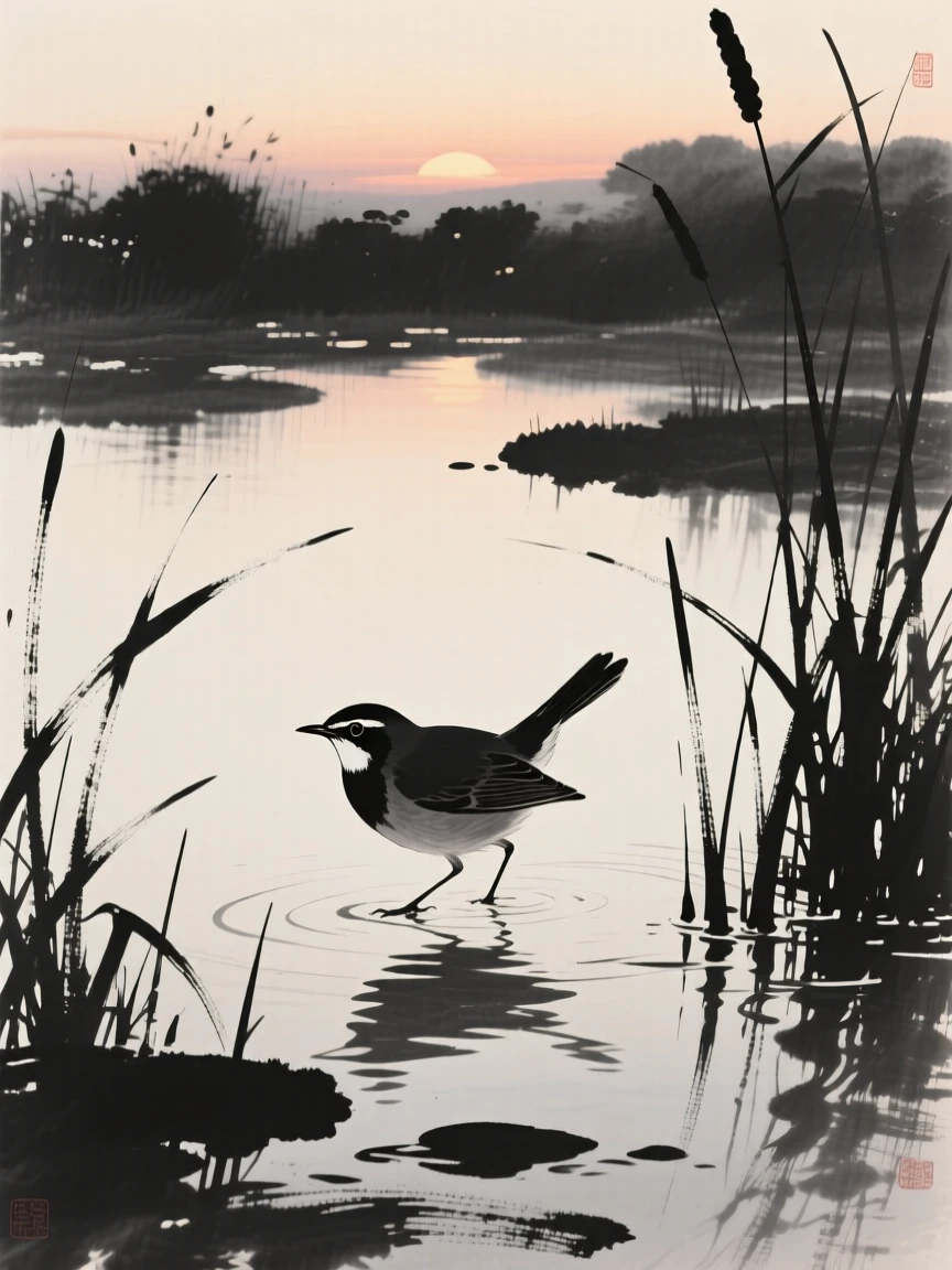 A nightingale wading through shallow reeds over a tranquil garden pond, silhouetted softly against the fading light, conveying serenity and effortless movement.