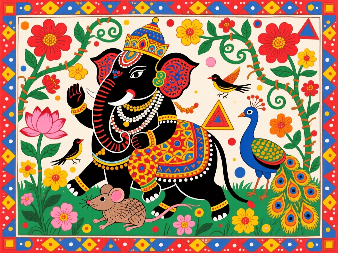 Ganesha riding his small mouse companion through a garden of blossoms.