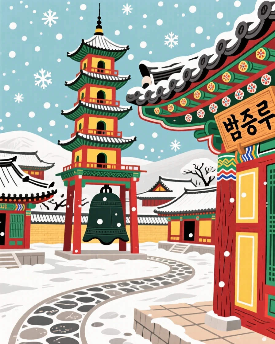 A view of a bell tower rising above a temple complex, during a gentle snowfall.