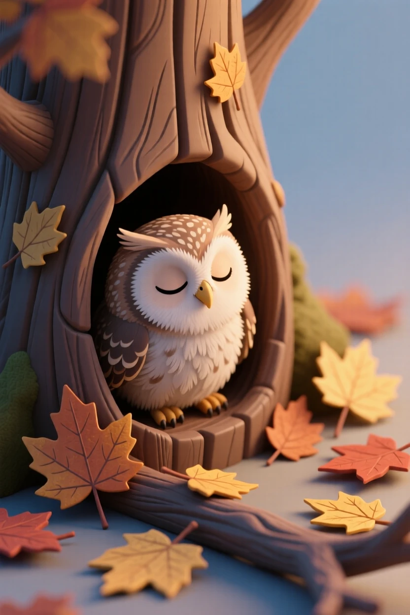 A baby owl blinking sleepily from a tree hollow, feathers fluffed against the evening chill, surrounded by autumn leaves.