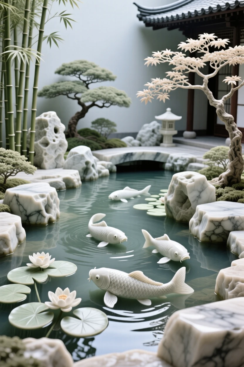 A sweeping, cinematic composition of a tranquil Japanese garden with koi pond, capturing the raw beauty of the natural world