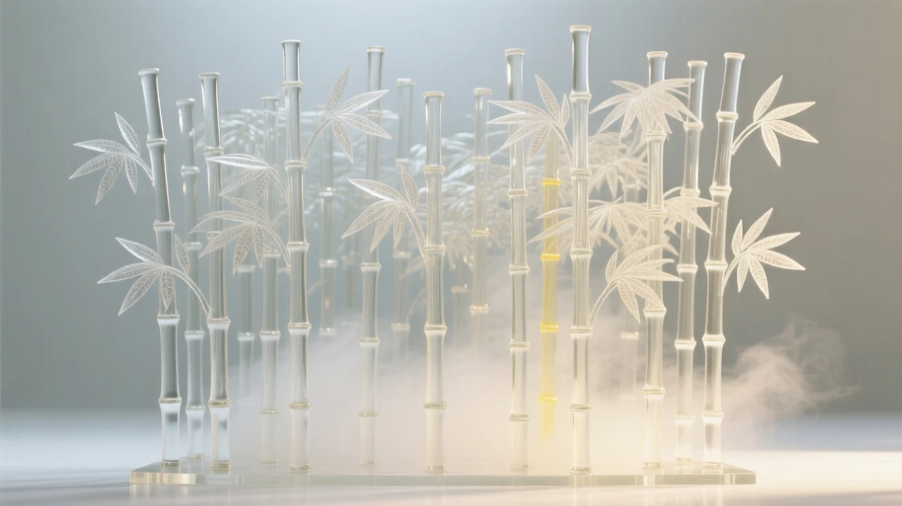 A dense bamboo forest with light filtering through at the quiet hush of early morning, gentle mist rising, composition inviting stillness and reflection.