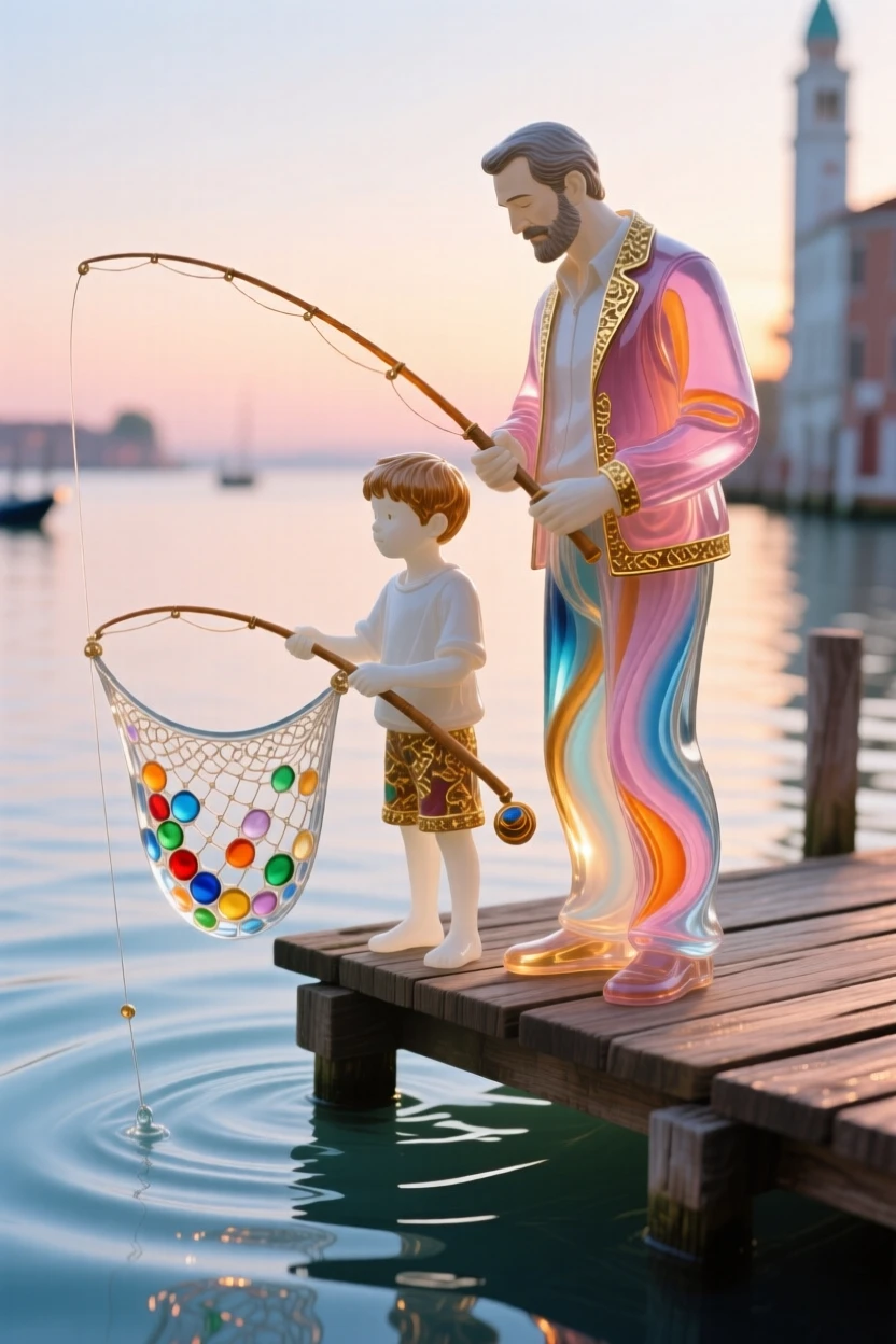 A father and son fishing quietly together from a wooden dock at dawn, peaceful and bonding.