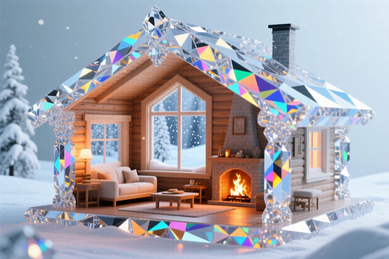 A cozy Scandinavian cabin interior with a crackling fireplace and snow visible through large windows.