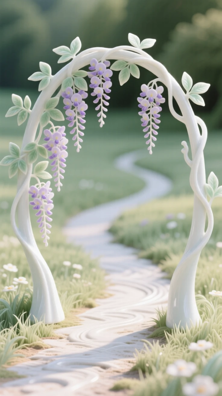 A ancient wisteria arbor arching gracefully over a quiet path in a peaceful countryside meadow.