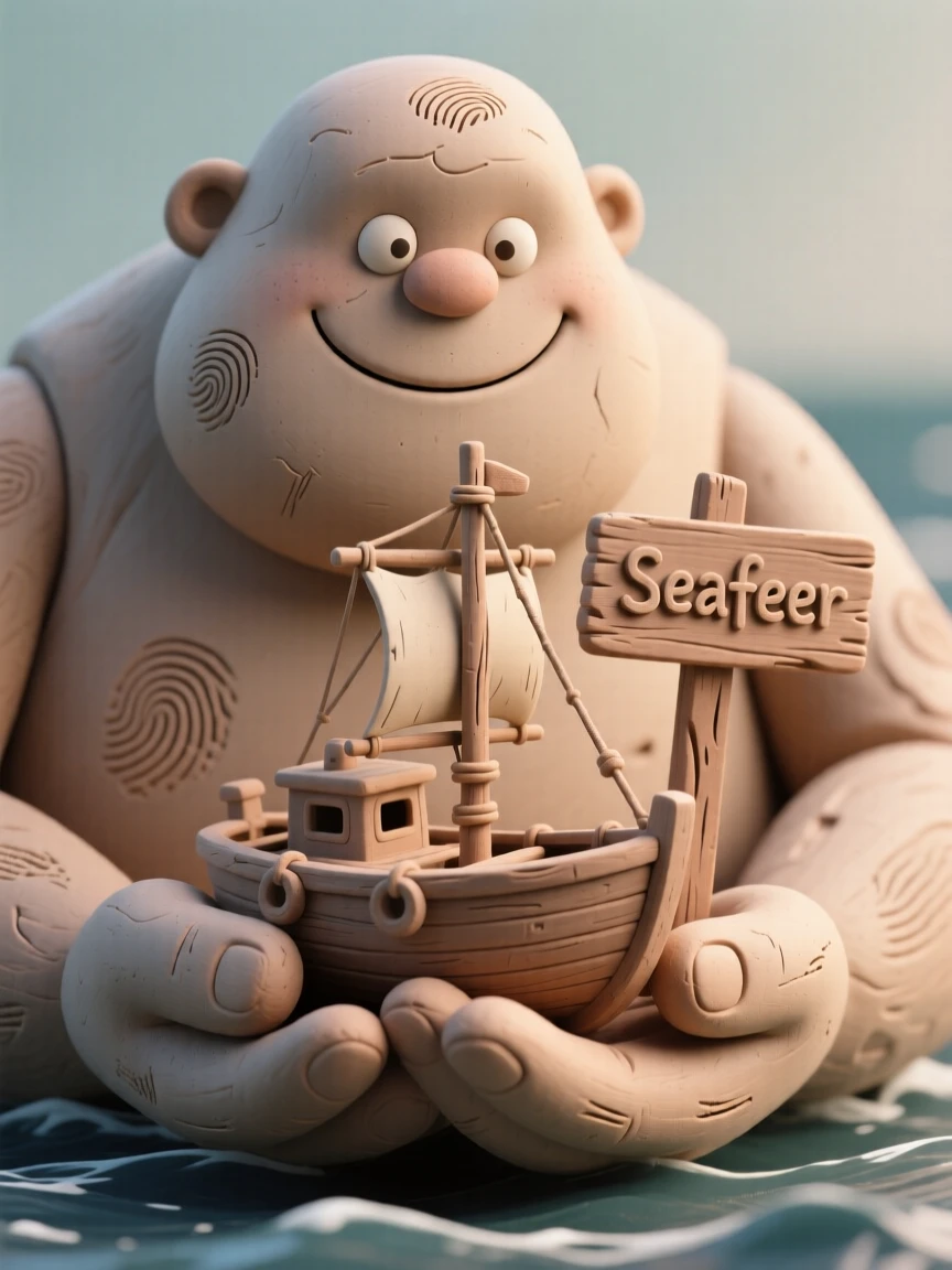 A gentle sea giant cradling a tiny fishing boat in its palm