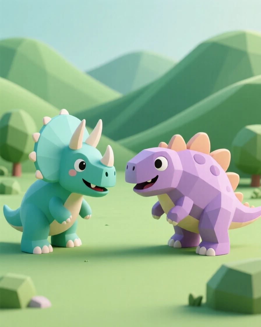 A fierce triceratops squares off playfully against a friendly stegosaurus, both grinning amid a lush green valley.