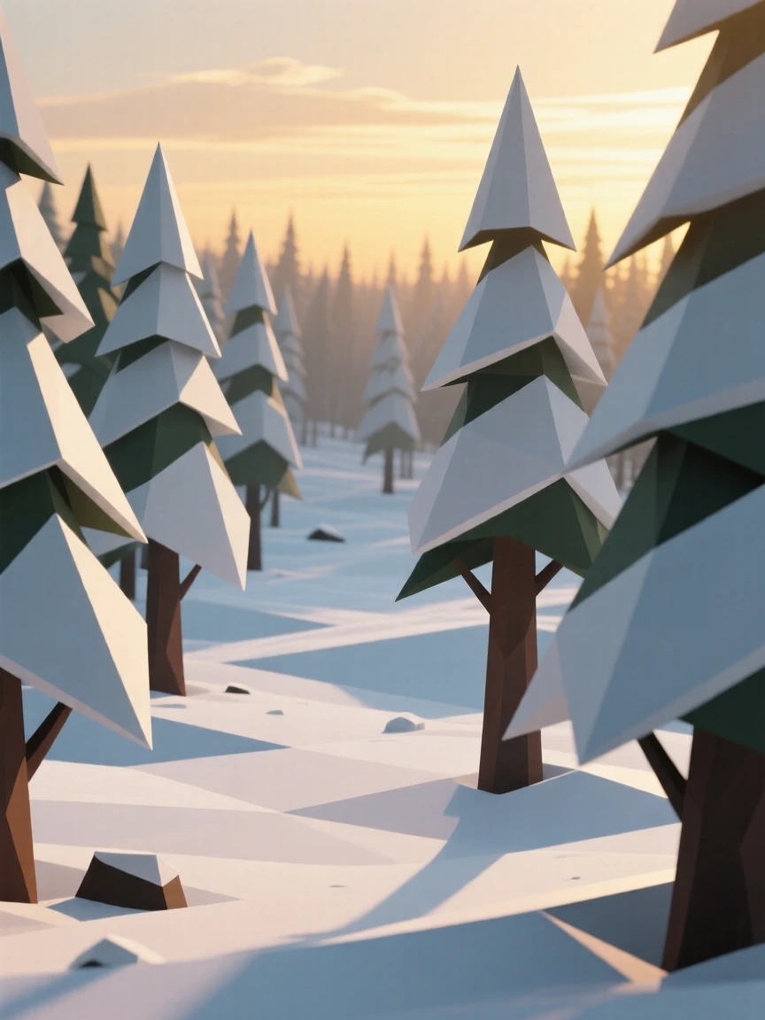A pine forest blanketed in fresh snow, during the golden hour before dusk. the composition uses a wide, sweeping perspective. The atmosphere is dramatic and powerful.