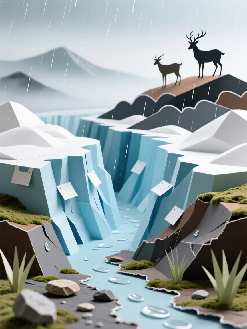 A glacier valley carved by ancient ice just after a passing rain shower, with a distant silhouette of grazing wildlife, evoking peaceful solitude and timeless beauty.