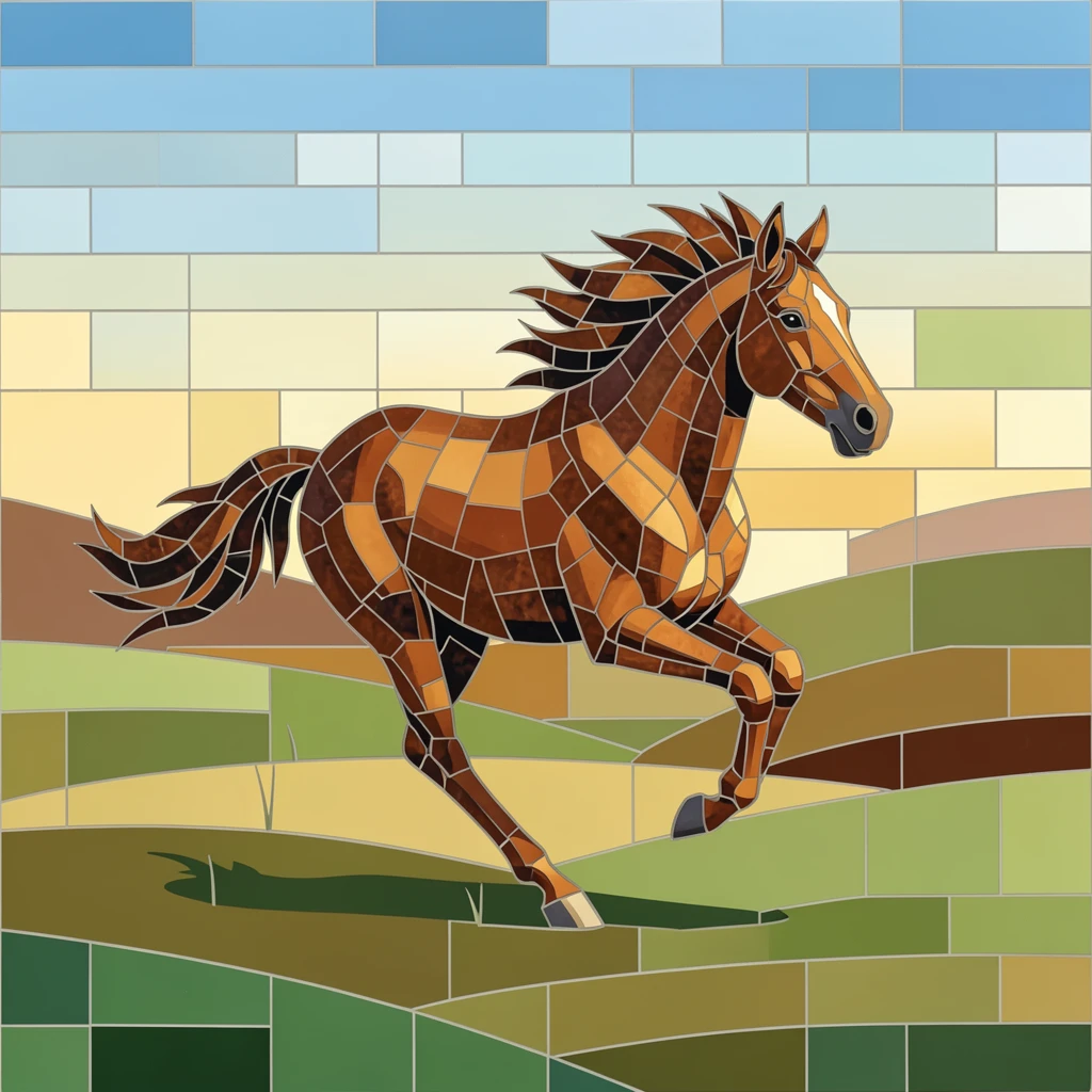 A wild mustang galloping freely across an open field, captured in soft natural light with a shallow depth of field.