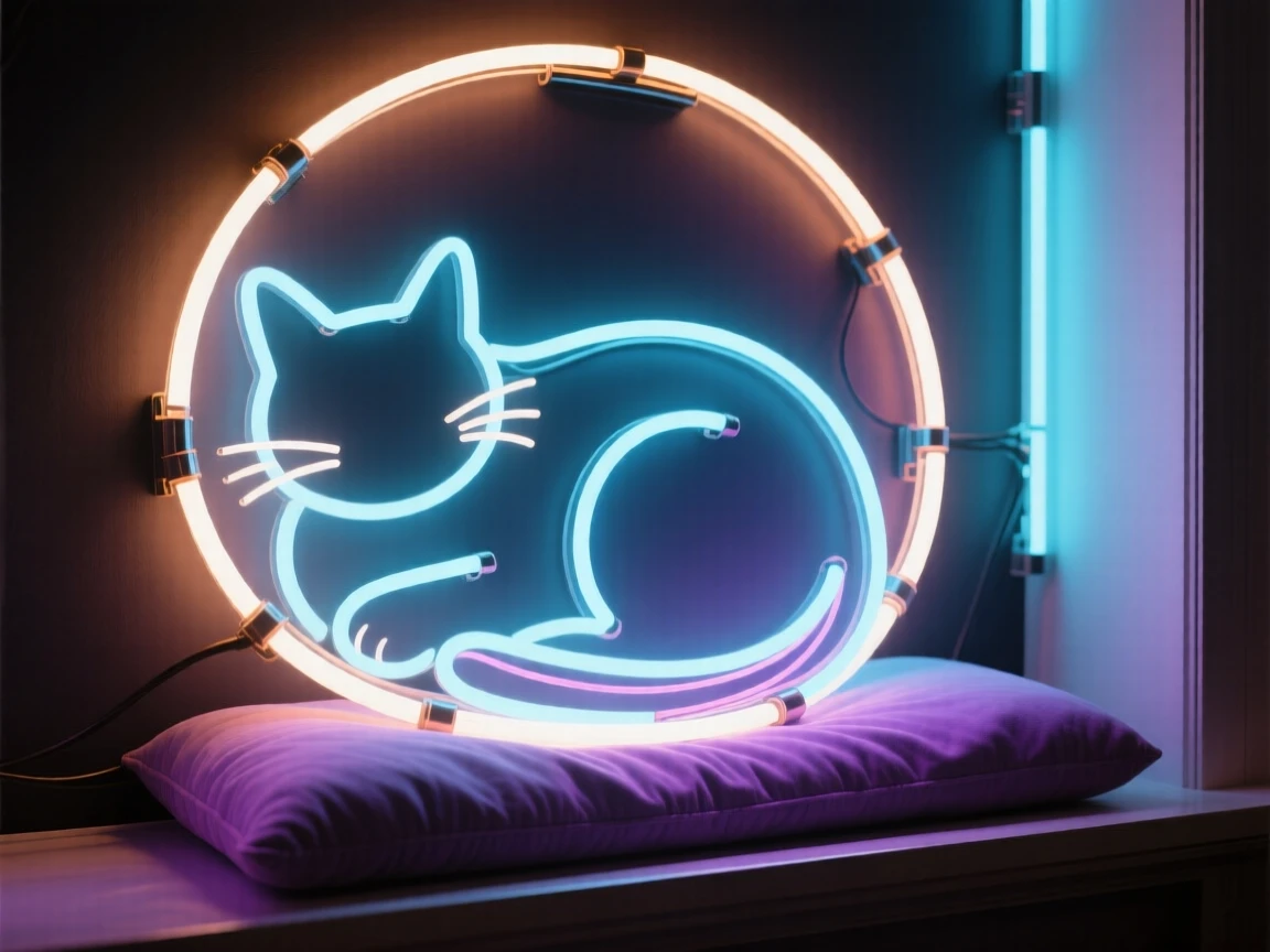 A cat curled into a perfect circle on a windowsill cushion.