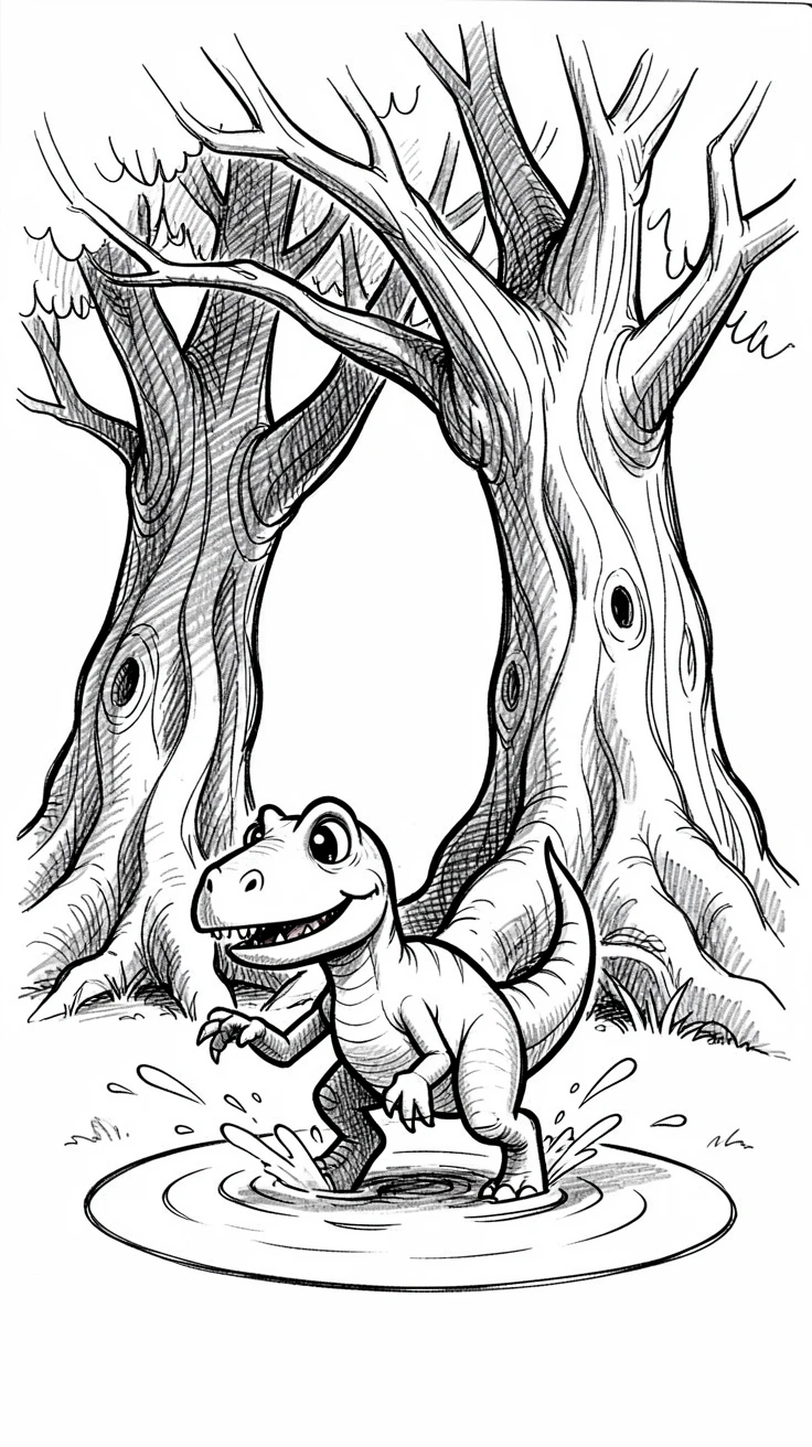 A young dinosaur splashing in a puddle under towering ancient trees.