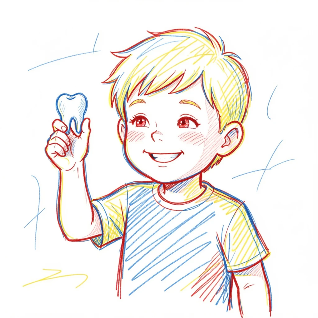 A little boy proudly holding up a lost tooth