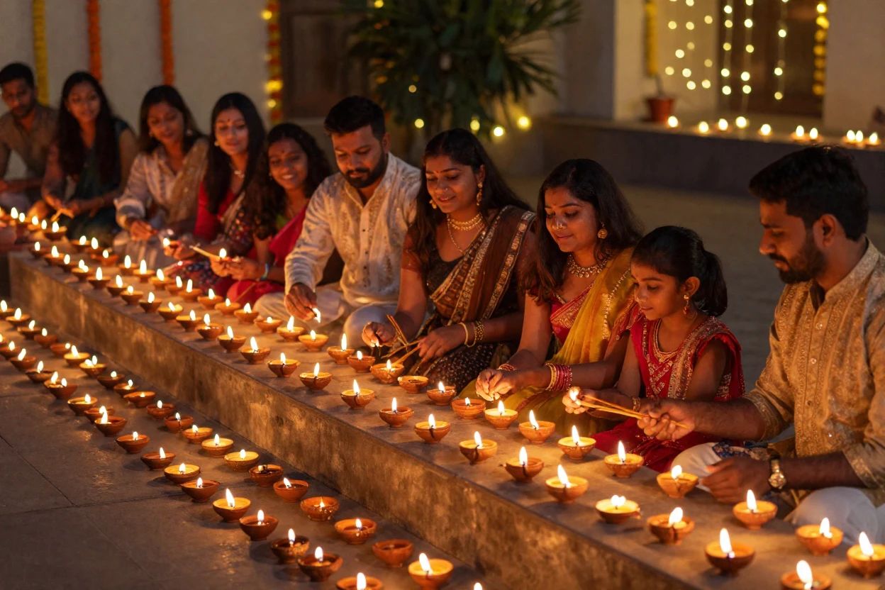 A Diwali celebration with rows of glowing oil lamps