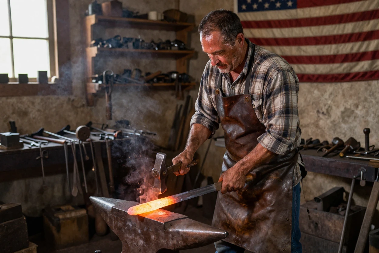 A blacksmith forges a ceremonial sword for a historical reenactment display.