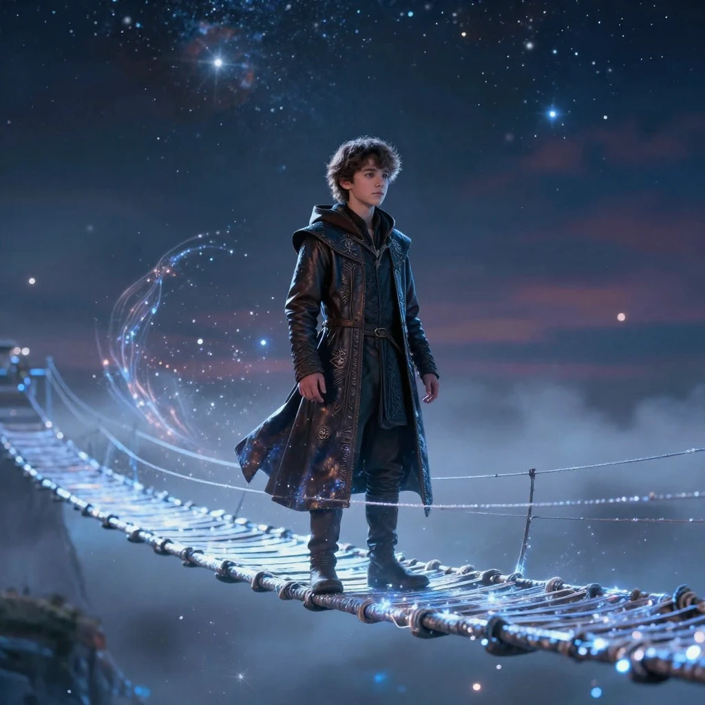 A young apprentice mage appearing across a bridge spun from starlight as magic fills the air