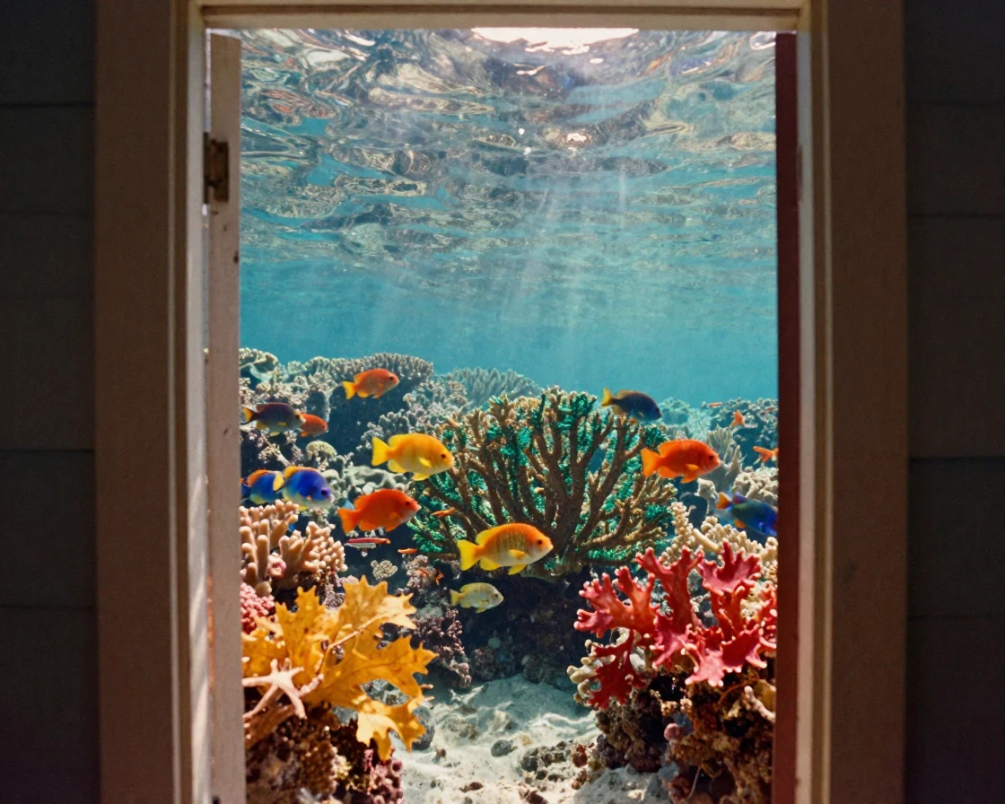 A school of colorful fish weaving through swaying coral, under harsh midday sun, in crisp, dry air, as autumn leaves turn gold and red, with deep emerald greens and browns, framed through an open doorway.