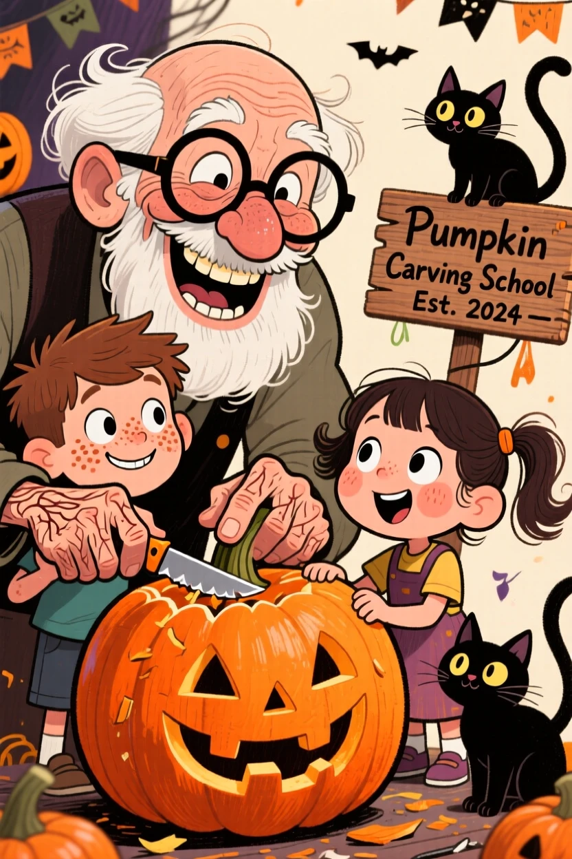 A grandfather teaching his grandchildren to carve a pumpkin at Halloween.