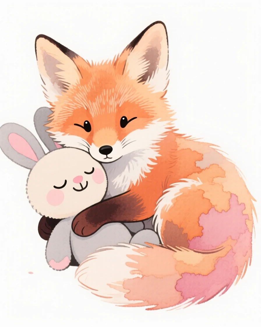 A fox kit snuggled up with a stuffed toy