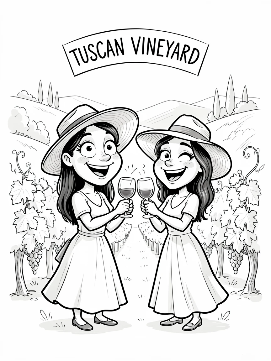 [Travel & Cultural Experiences] Vivid travel scene of a couple toasting with wine glasses in a Tuscan vineyard, full of wonder and adventure