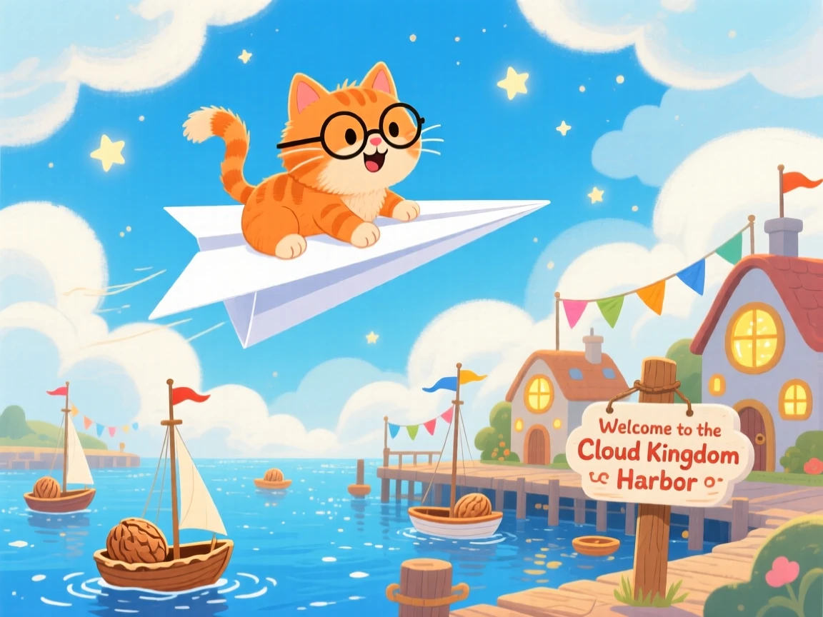 A cat wearing tiny spectacles delights in riding a paper airplane across a cloud kingdom, tucked within a bustling harbor for walnut-shell boats, while a warm glow radiates from every window.