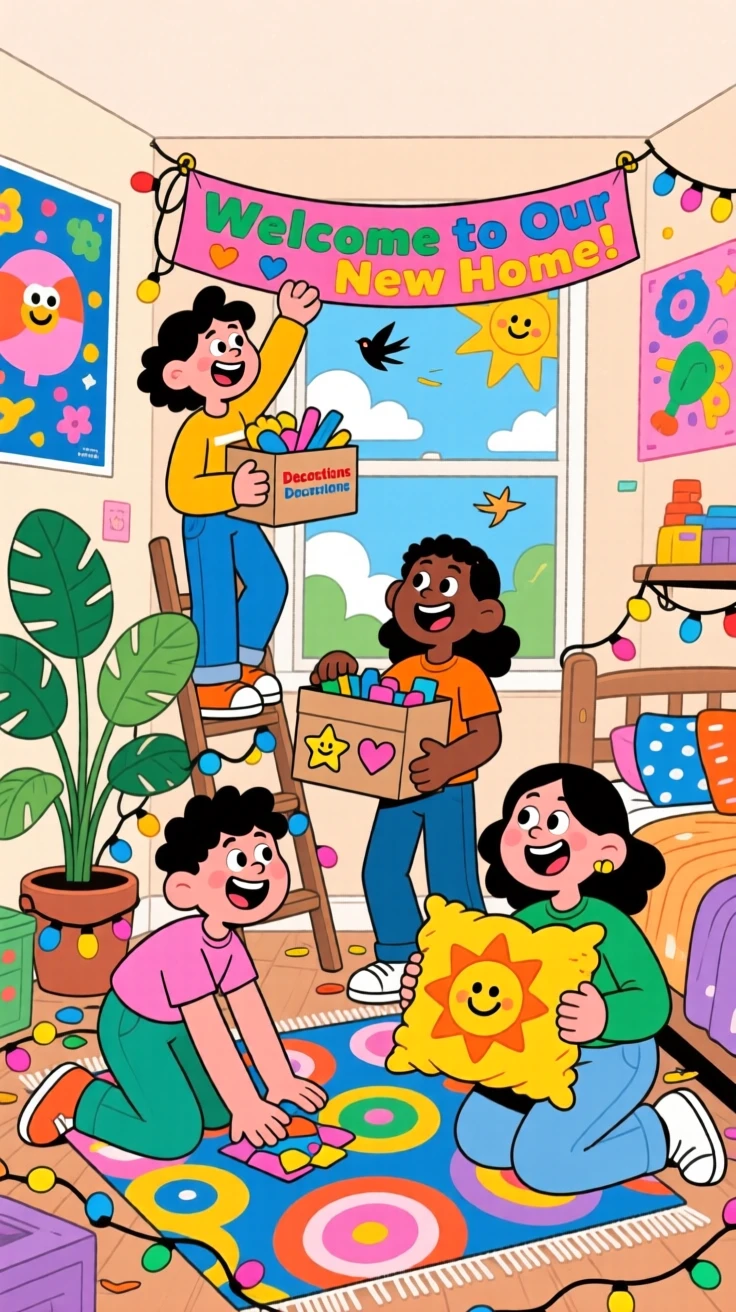 Friends decorating a dorm room together for the first time.