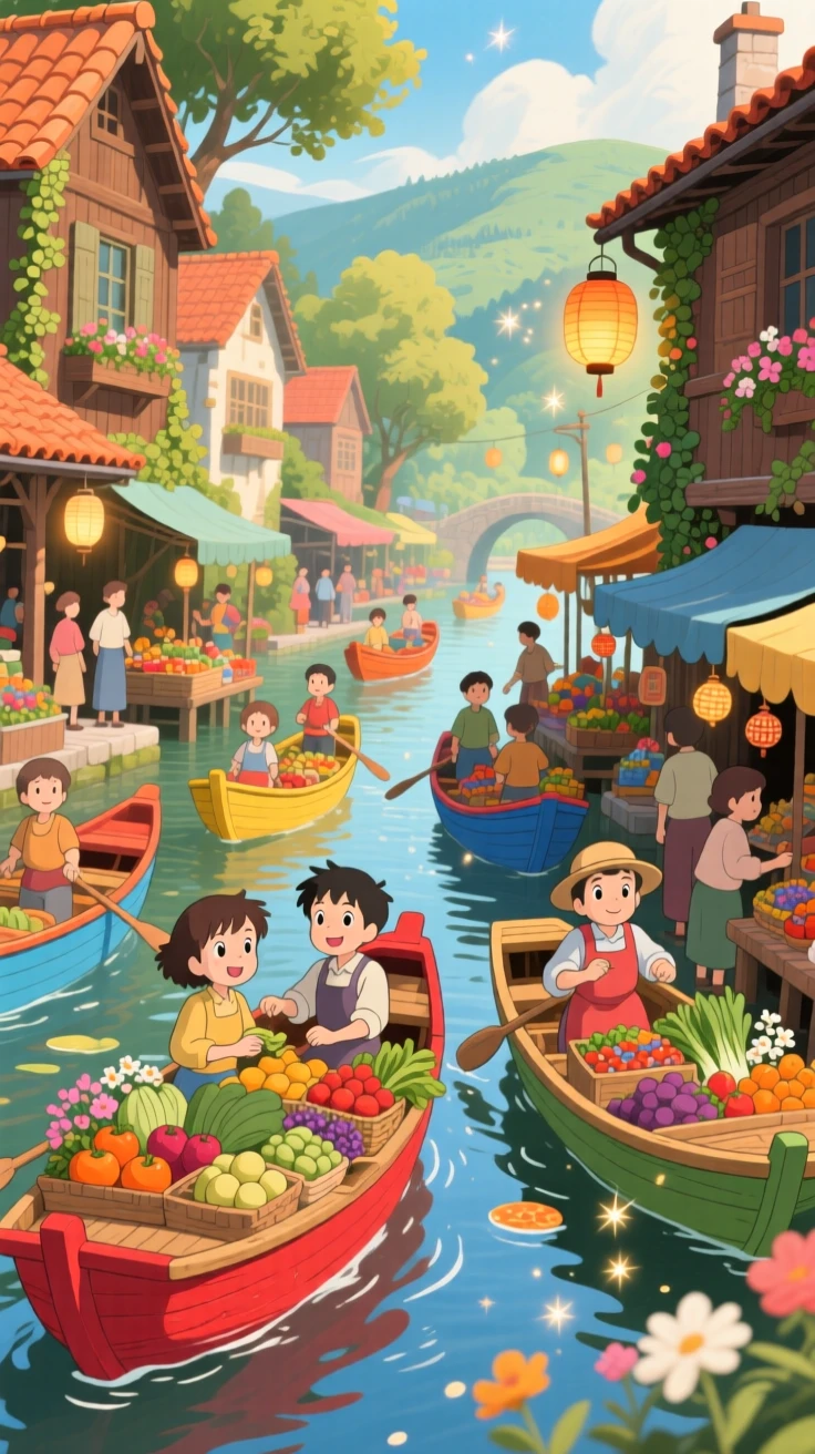 A scenic view of a floating market bustling with colorful wooden boats, with terracotta rooftops catching the afternoon light.