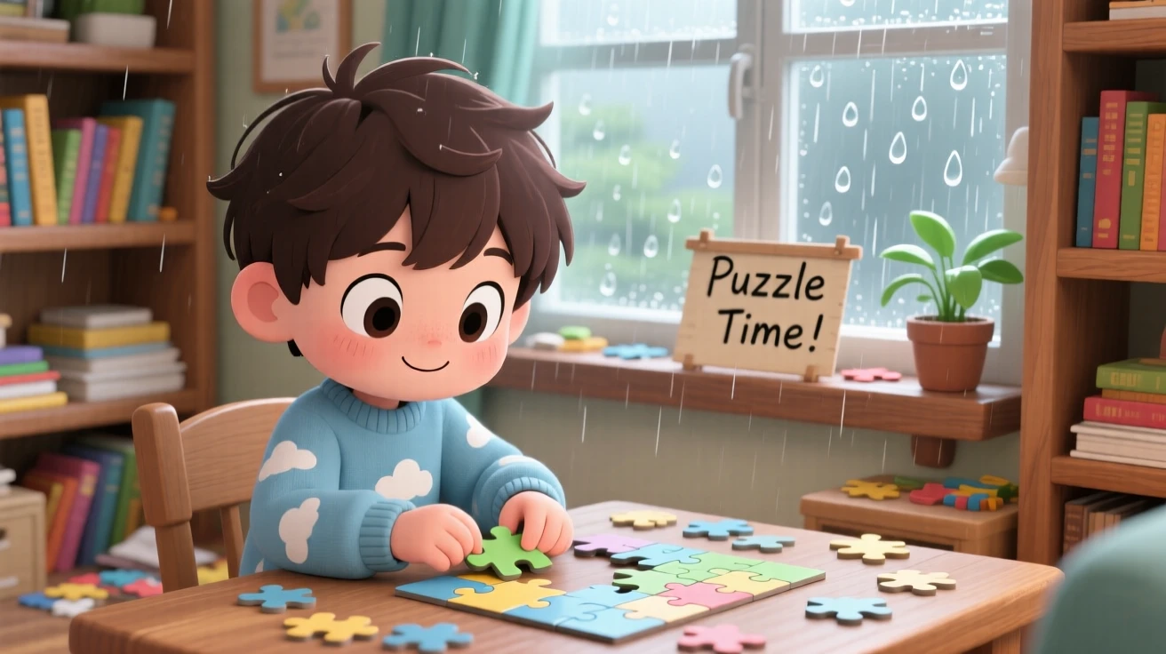 Extreme close-up of a young boy, assembling a puzzle on a rainy afternoon, in a cluttered cozy den, during a gentle spring rain shower, illuminated by diffused overcast light, radiating playful mischief.