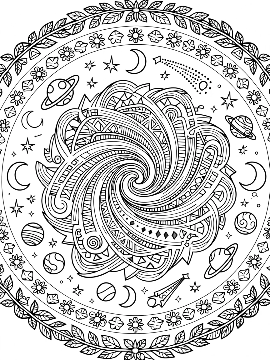 A mandala shaped like a spinning galaxy with swirling star trails.