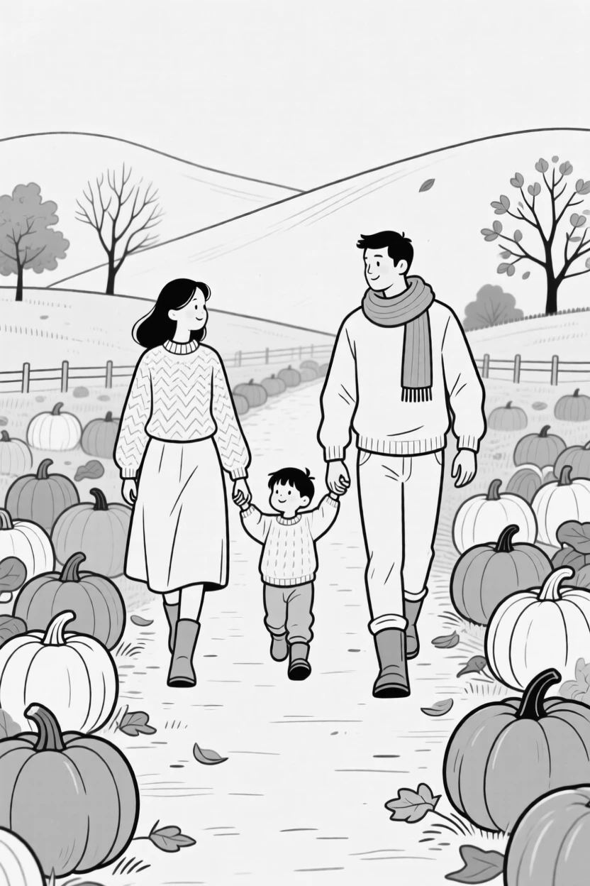 A family walking through a pumpkin patch in autumn