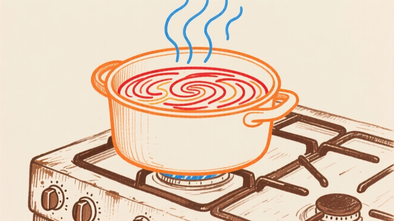 A pot of simmering soup on a rustic stovetop.