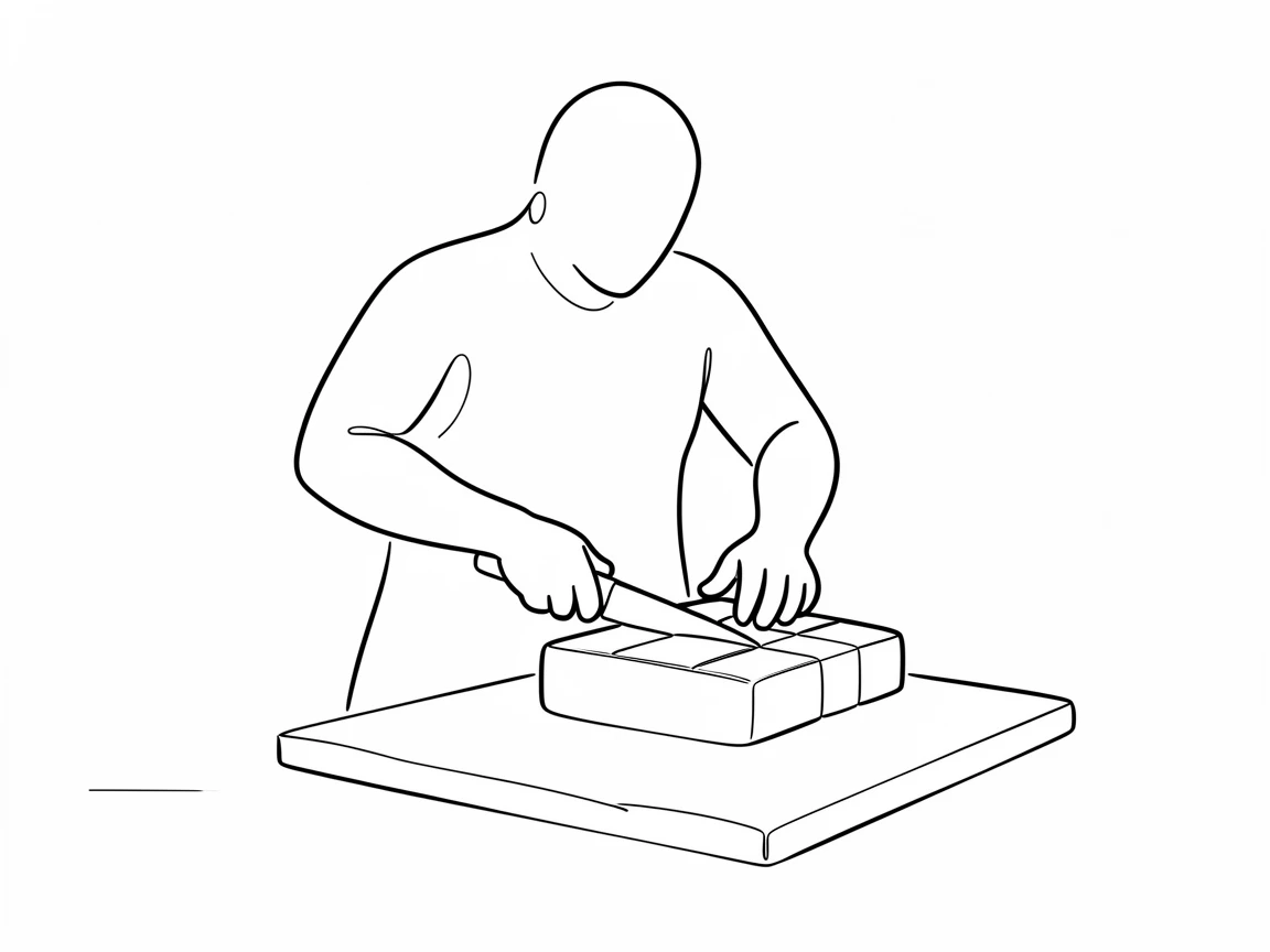 A soap maker cutting a fresh batch of bars on a wooden board