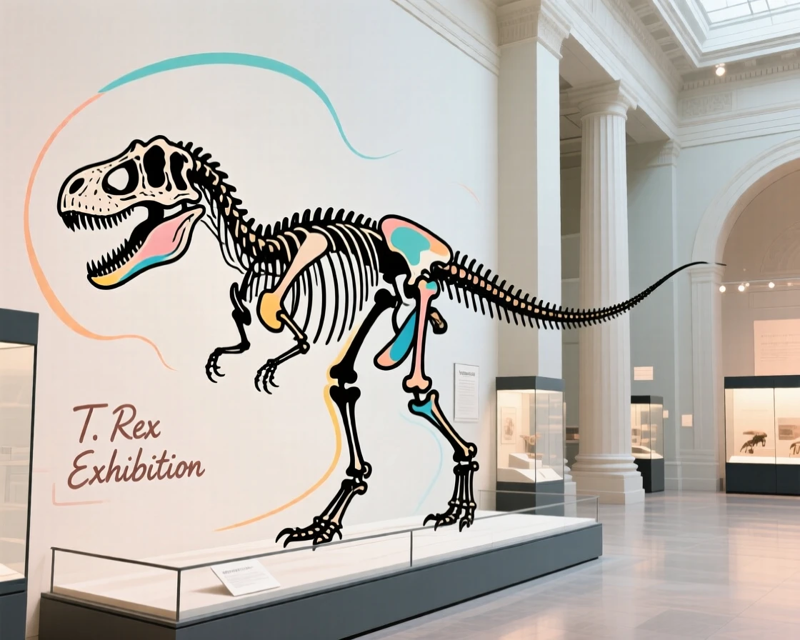 A T. rex skeleton displayed dramatically inside a natural history museum hall.