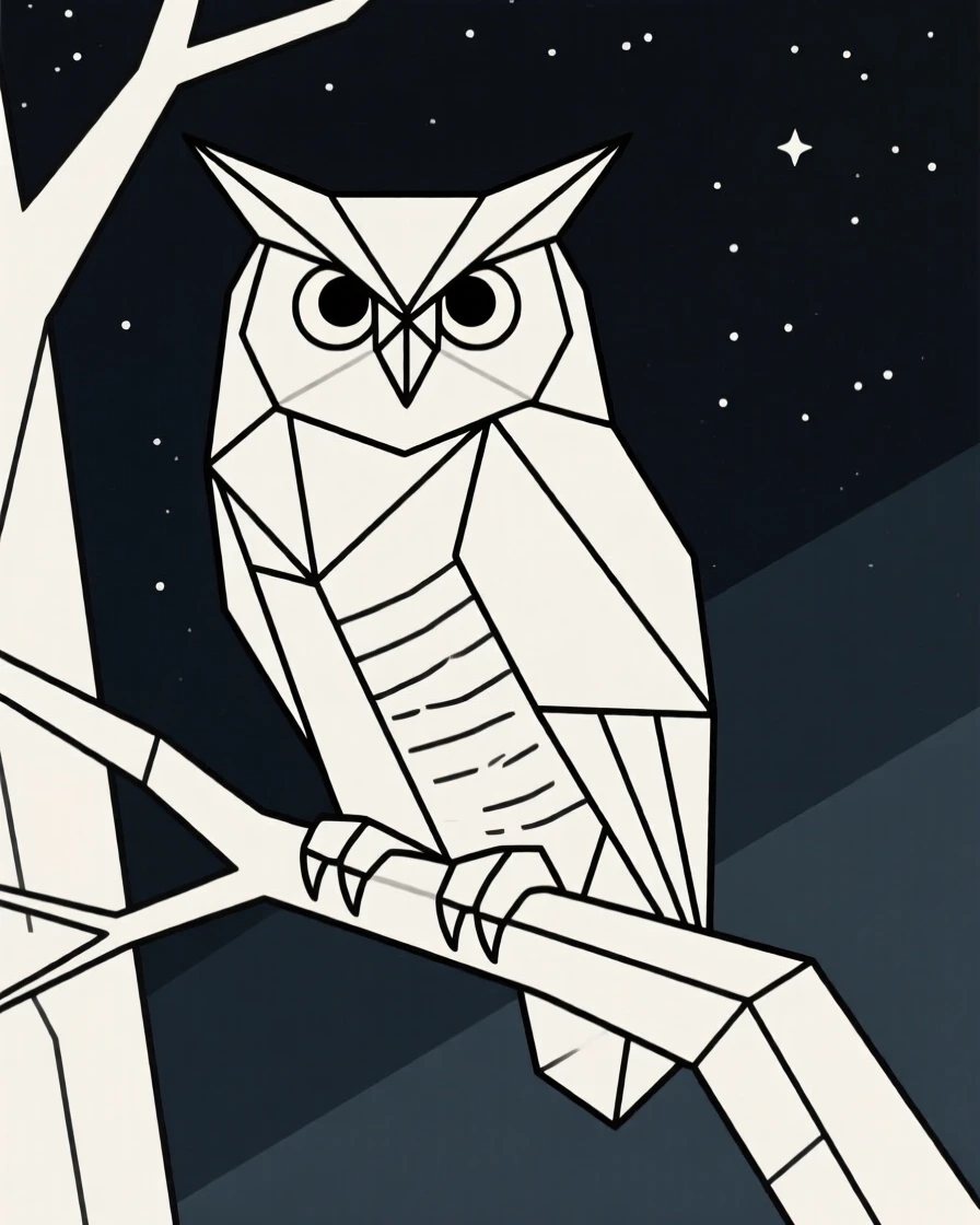 A great horned owl perched on a tree branch at night