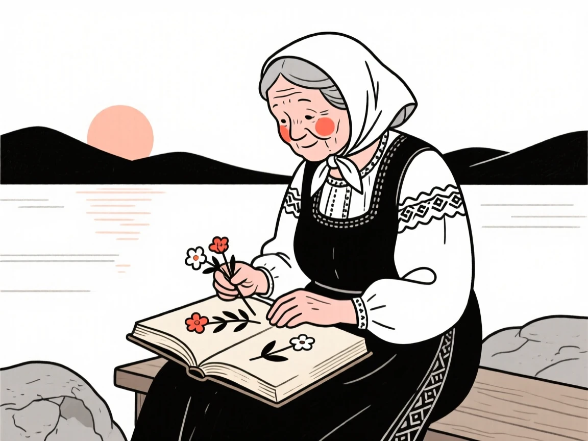 An elderly woman of Polish heritage pressing flowers in an old book, beside a calm lake at sunrise.