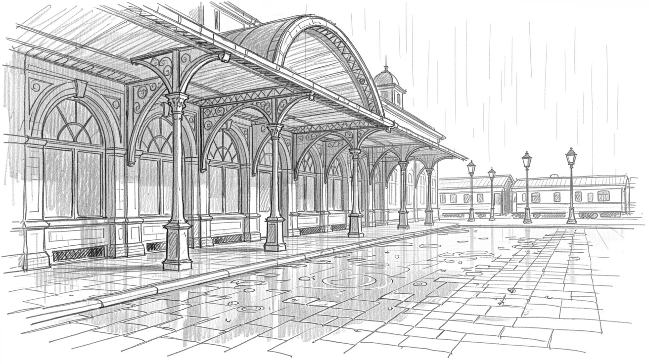 A stunning view of a grand Victorian train station during a quiet rain shower, with cobblestones glistening after rain.