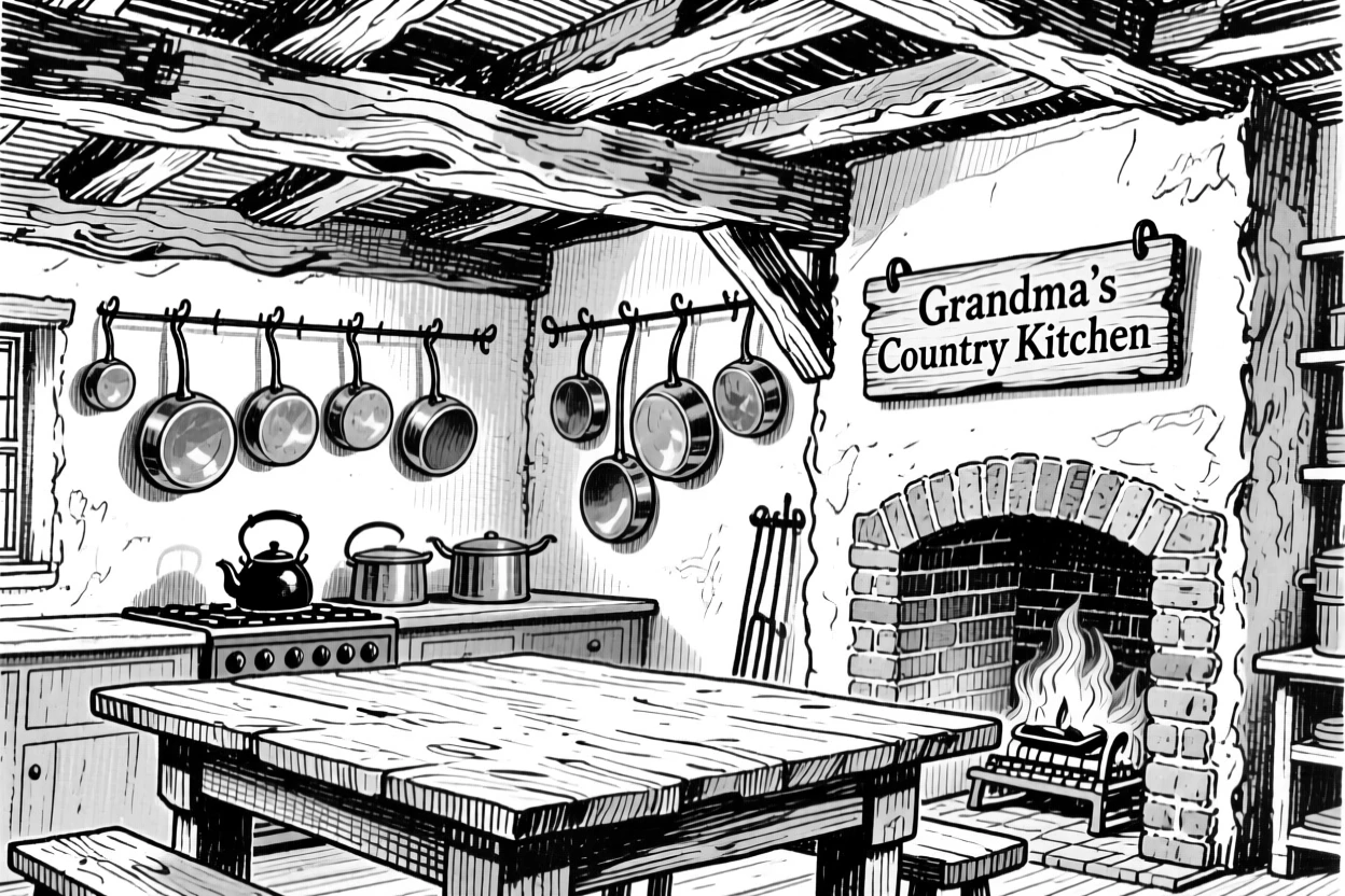 A rustic farmhouse kitchen with exposed wooden beams and hanging copper pots.