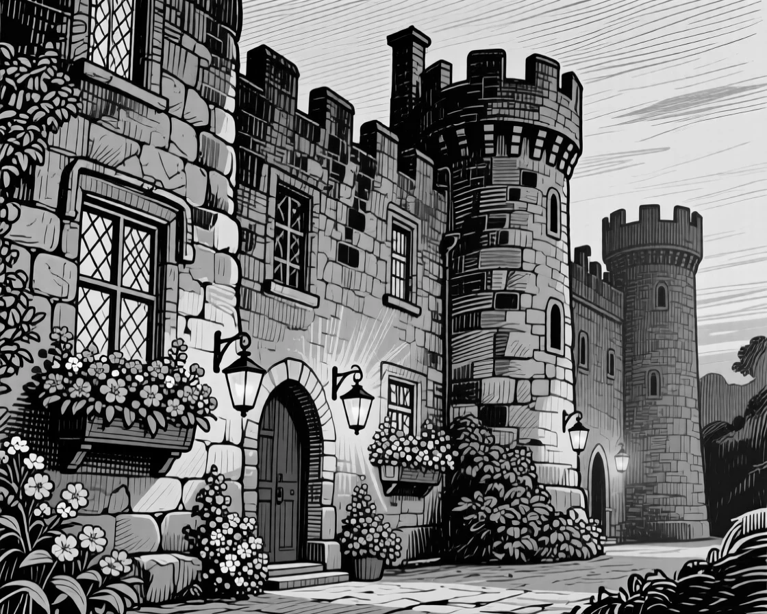 An ancient stone castle with lanterns beginning to glow at dusk, featuring flower boxes lining every window, rendered in a warmly nostalgic architectural composition.