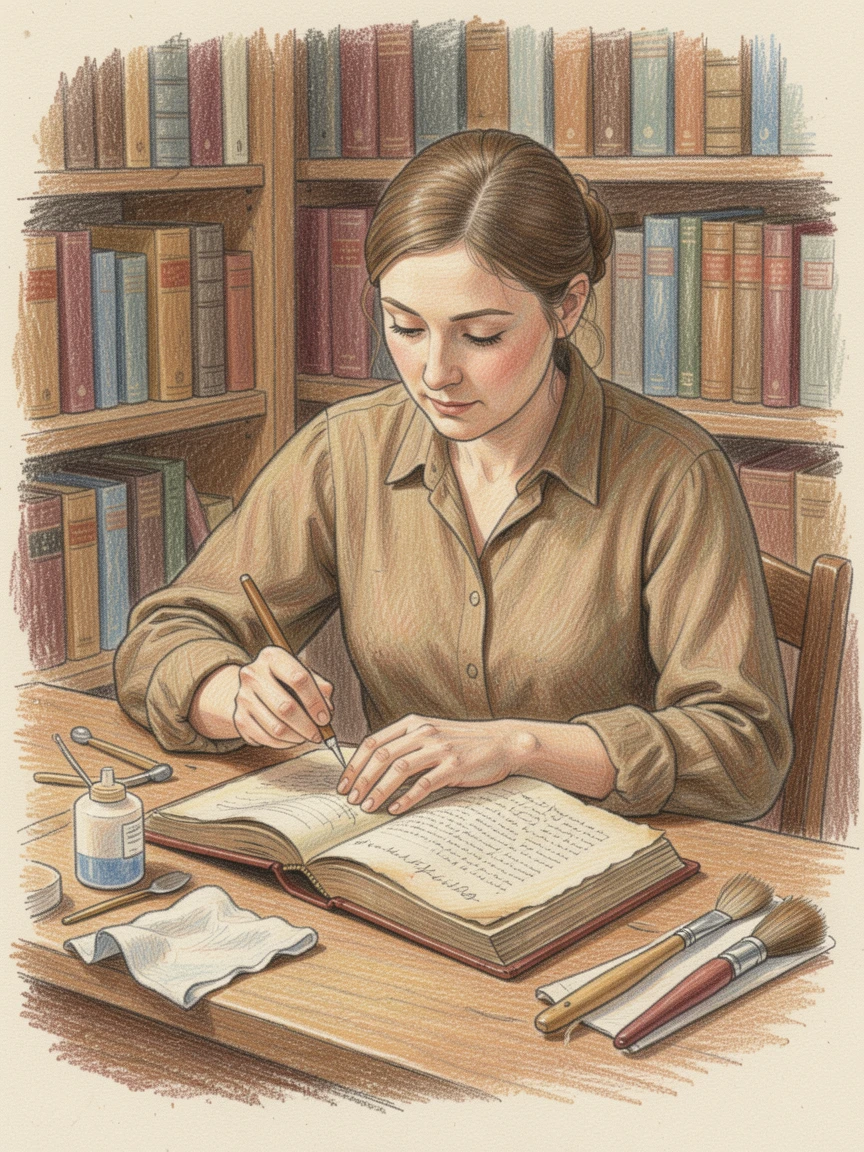 A librarian carefully restoring the binding of an old book, with a calm, focused atmosphere throughout, celebrating the quiet joy of craftsmanship and passion.