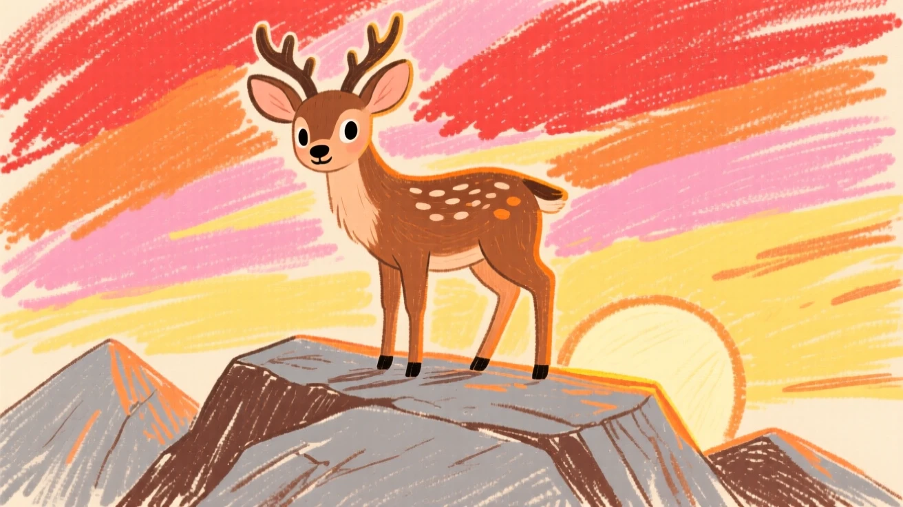 A young elk standing alert on a rocky outcrop at sunrise.