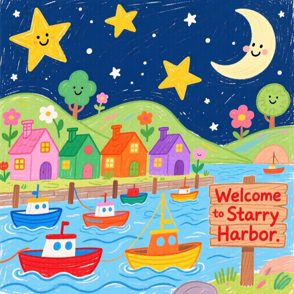 A small fishing village harbor under a canopy of stars on a clear night.