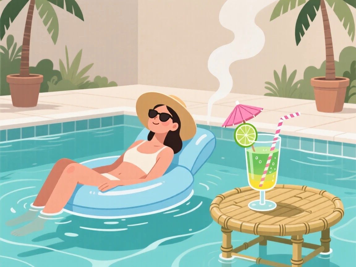 A relaxing float in a pool with a tropical drink nearby, set against a backdrop of neutral, calming tones, arranged with balanced symmetry and calming negative space, with subtle steam rising to add a warm, lived-in feel.