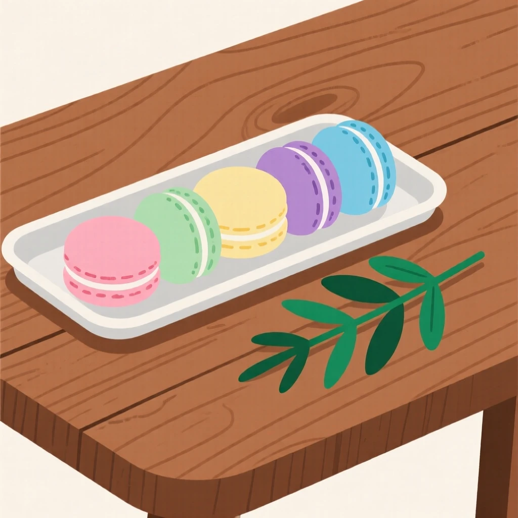 A close-up of tray of colorful macarons arranged beside fresh herbs in a rustic wooden table, full of fresh vibrance.