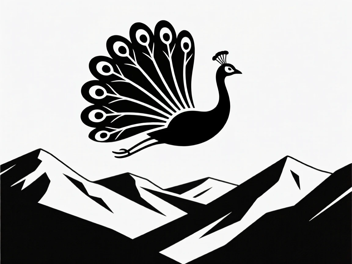 A peacock with its tail fanned open soaring above a mountain valley.