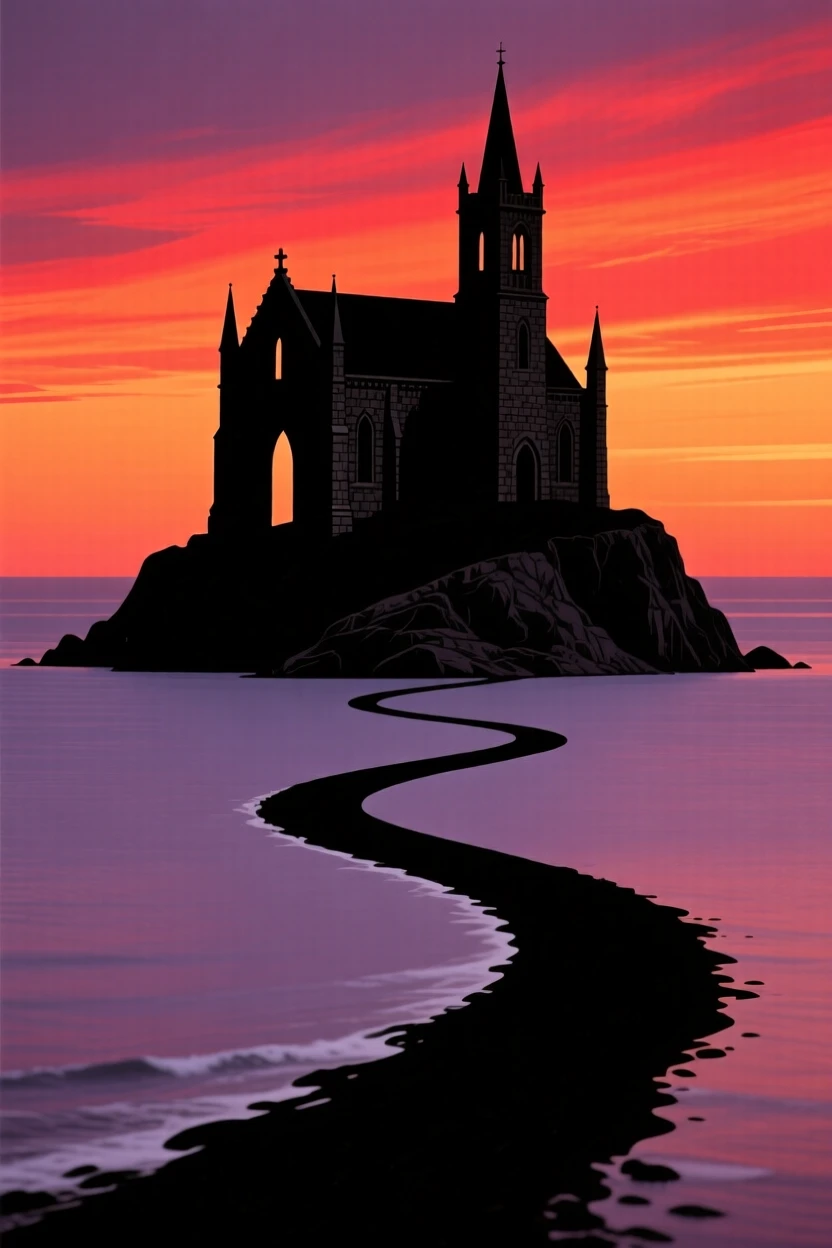 A tidal island abbey connected to the mainland by a single winding causeway.