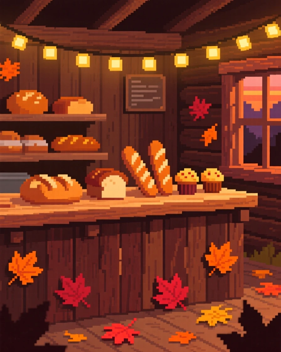 A bakery counter scattered with autumn leaves blown in from outside, within a cabin lit by string lights at dusk.