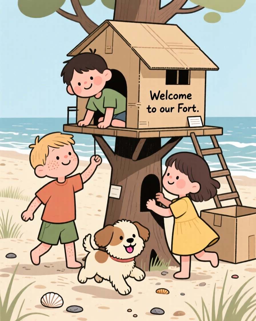 A trio of children build a treehouse out of cardboard boxes in the sunny beach, laughing as a puppy bounds through the middle of it.