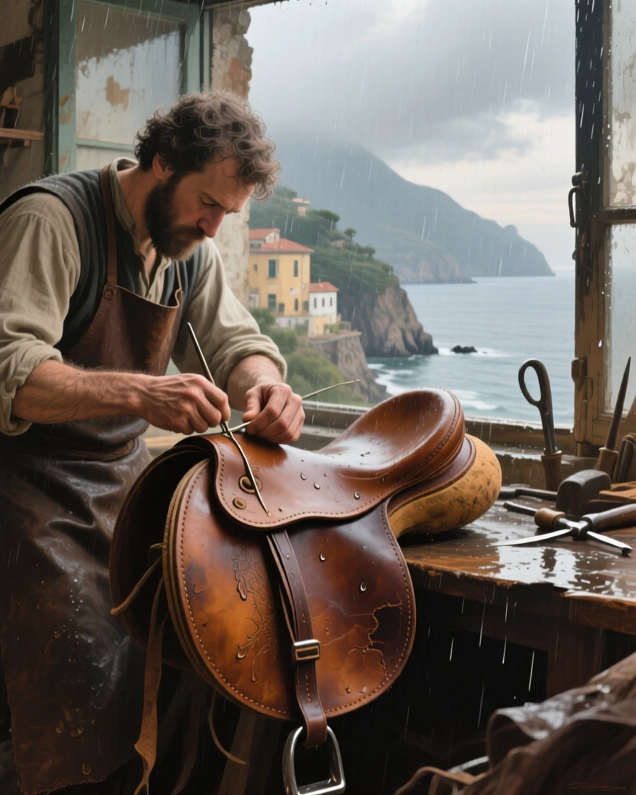 A detailed close shot of a leatherworker stitching a saddle by hand, along the Amalfi coast, during a light rain.